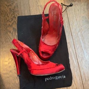 Pedro Garcia red silk sling back heels